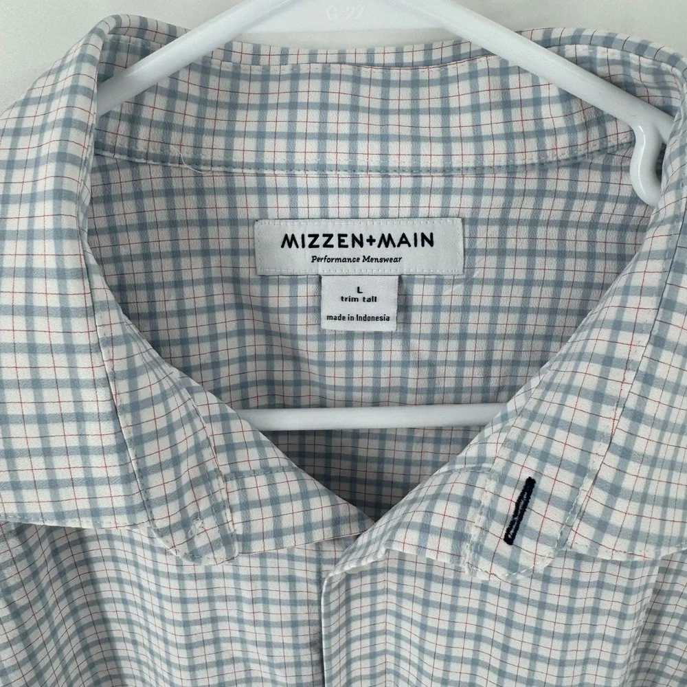 Mizzen+Main Mens‎ Trim Tall Performance Dress Shirt Blue White Check Size L